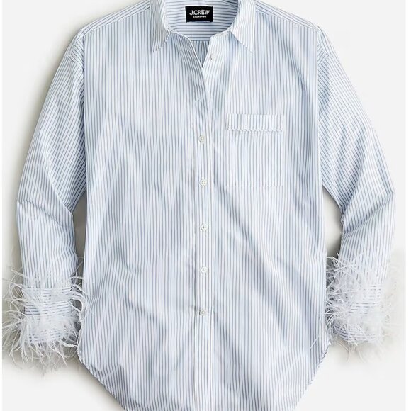 J.Crew Collection Blue and White Striped Cotton Poplin Shirt With Feather Trim - Picture 1 of 8